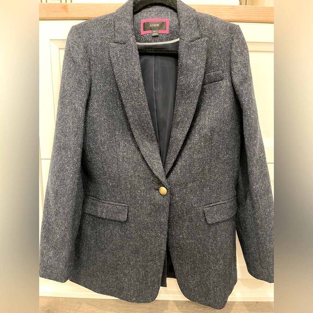 JCrew Long Parke Blazer in navy herringbone English wool
